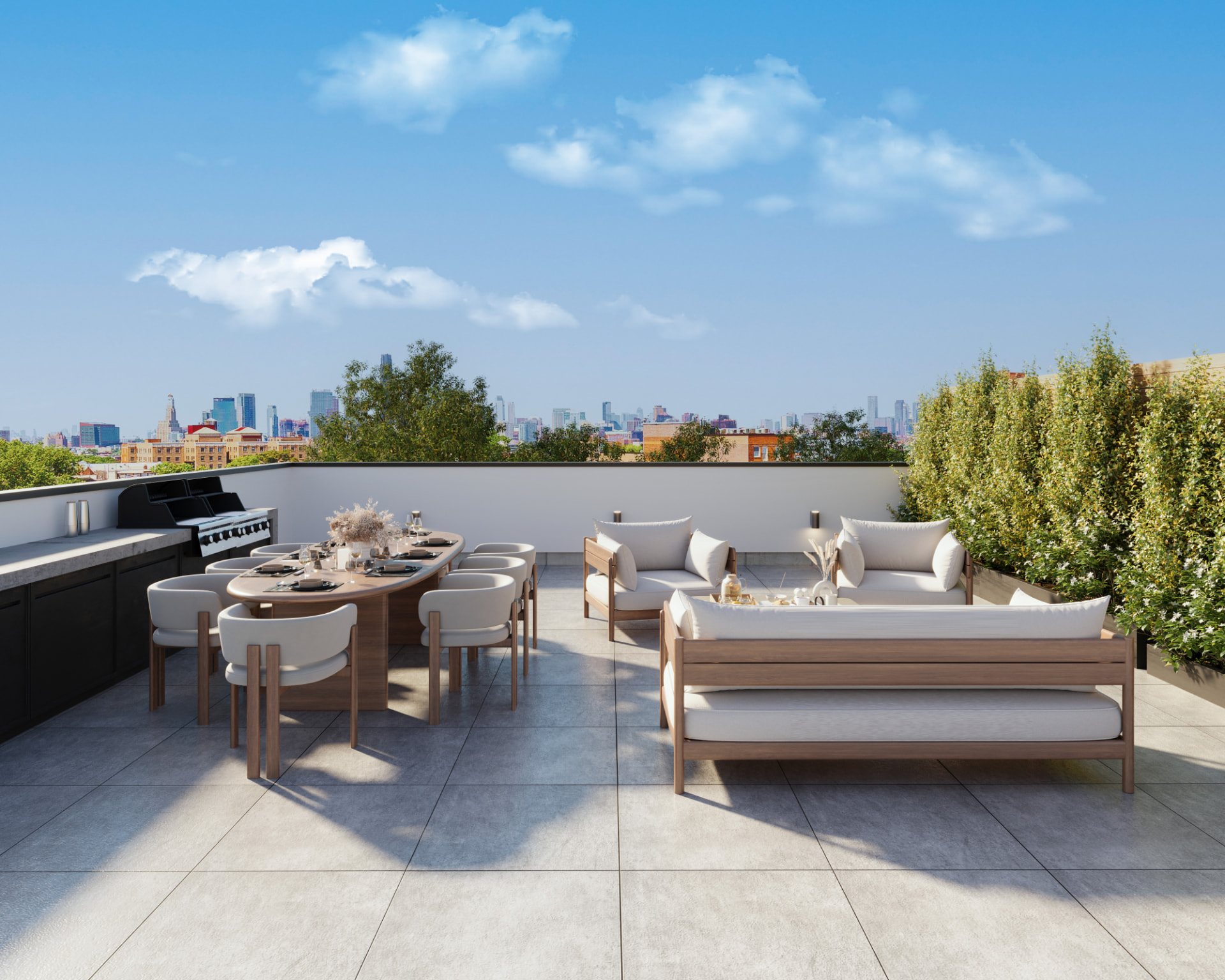 Private roof terrace with outdoor kitchen, dining, and Manhattan skyline views at 265 Weirfield Street