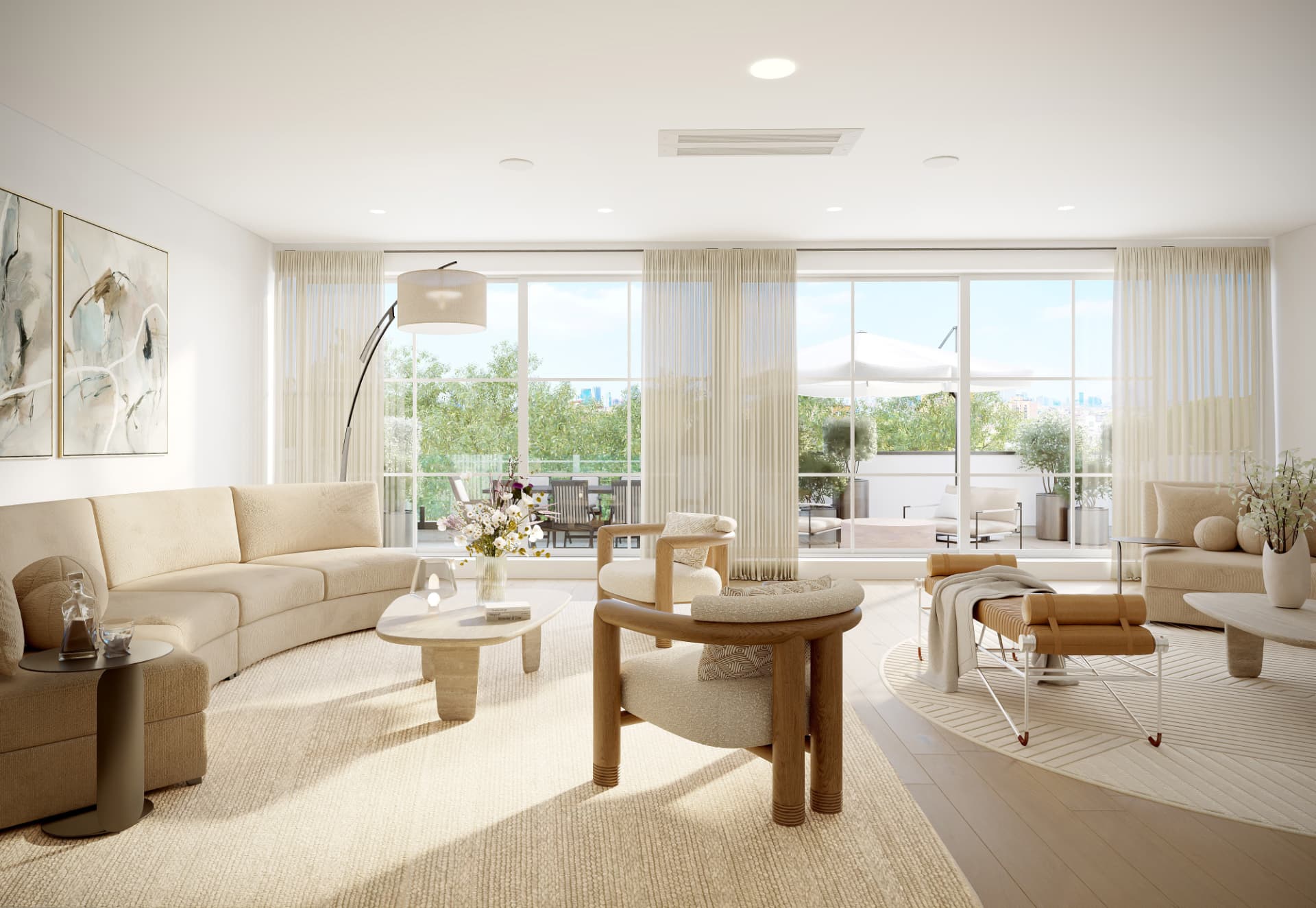 Penthouse living and dining room at 265 Weirfield Street with terrace access and Manhattan skyline views